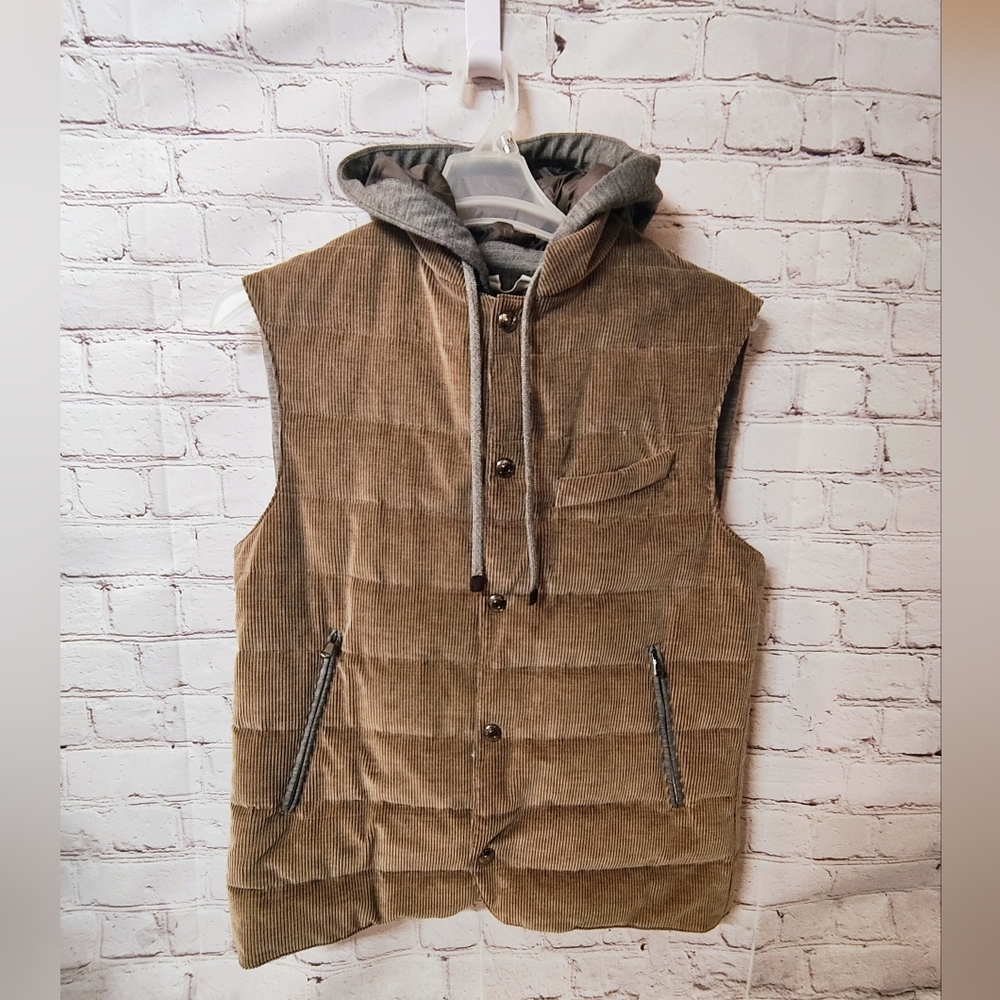 FRADI Down Corduroy Hooded Mens Vest Beige Grey Sz 52